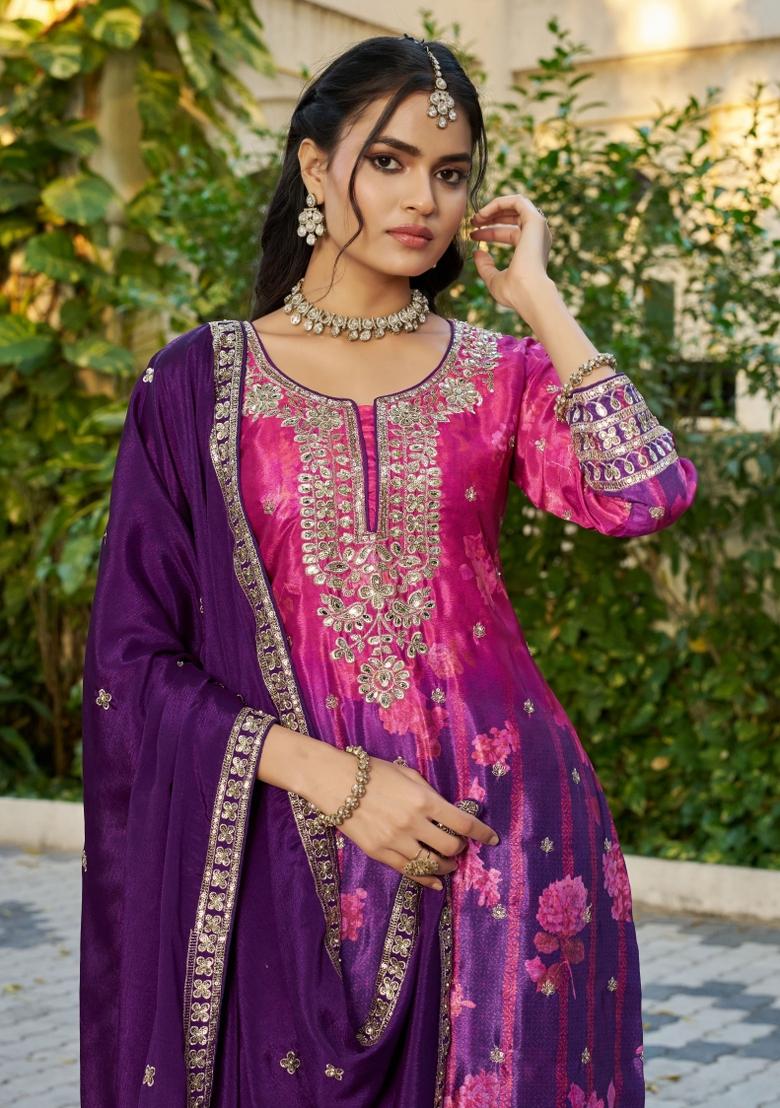 Pink And Purple Embroidered Chinon Kurta Set - Indya
