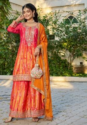 Red And Orange Embroidered Chinon Kurta Set