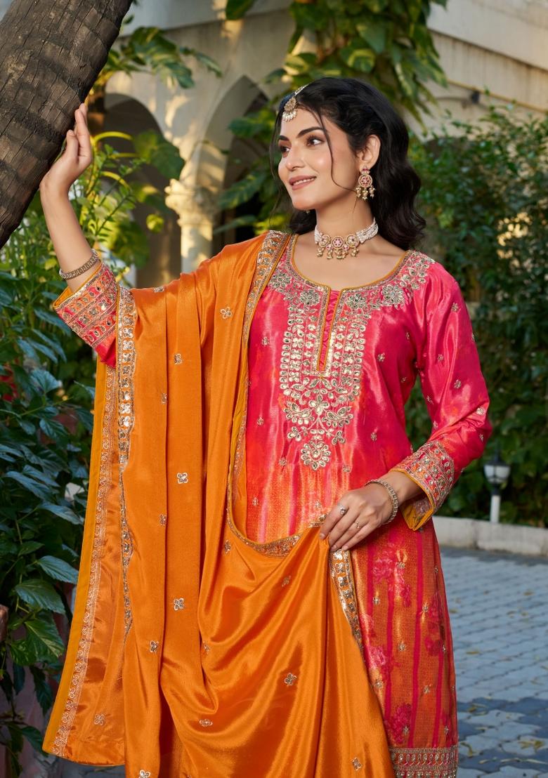 Red And Orange Embroidered Chinon Kurta Set - Indya