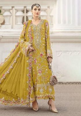 Yellow Embroidered Chiffon Kurta Set