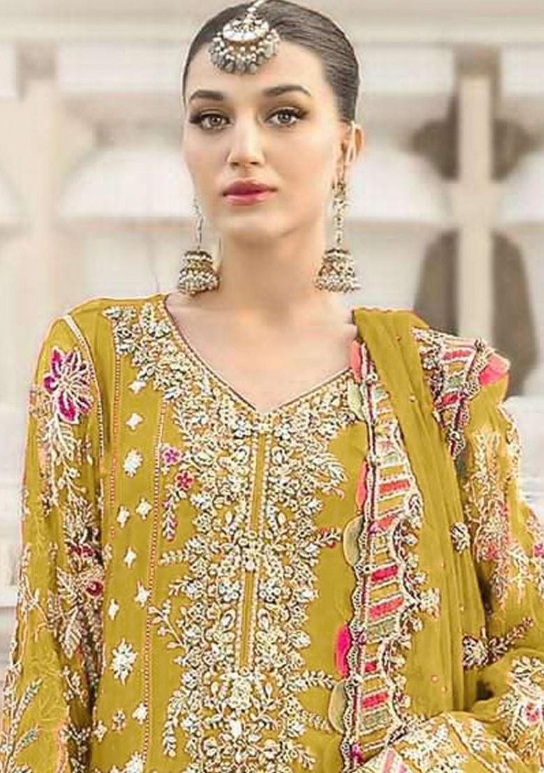 Yellow Embroidered Chiffon Kurta Set - Indya