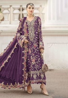 Purple Embroidered Chiffon Kurta Set