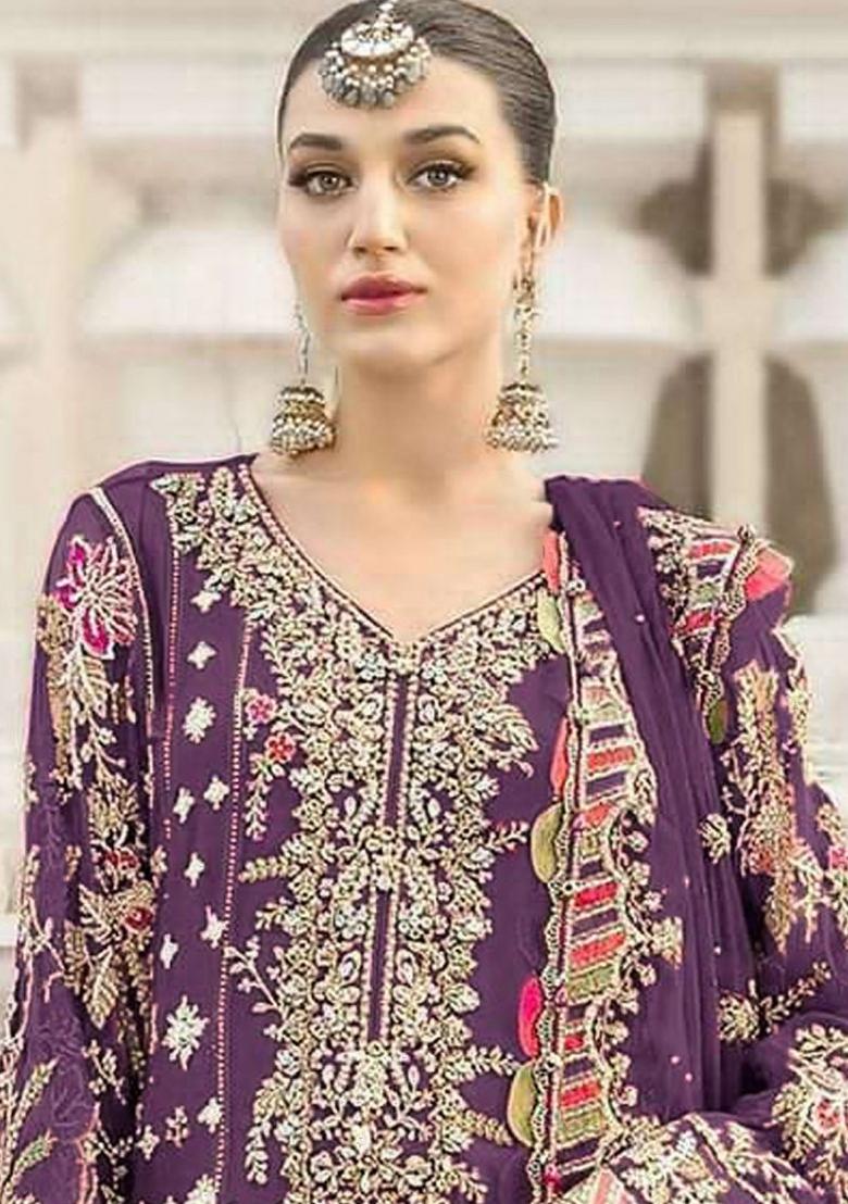 Purple Embroidered Chiffon Kurta Set - Indya