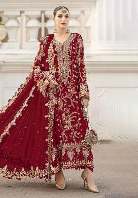 Maroon Embroidered Chiffon Kurta Set