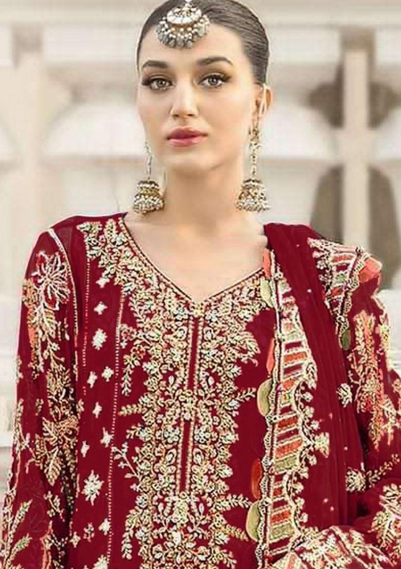 Maroon Embroidered Chiffon Kurta Set - Indya