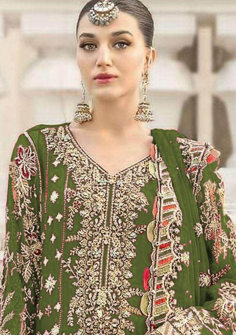 Green Embroidered Chiffon Kurta Set - Indya