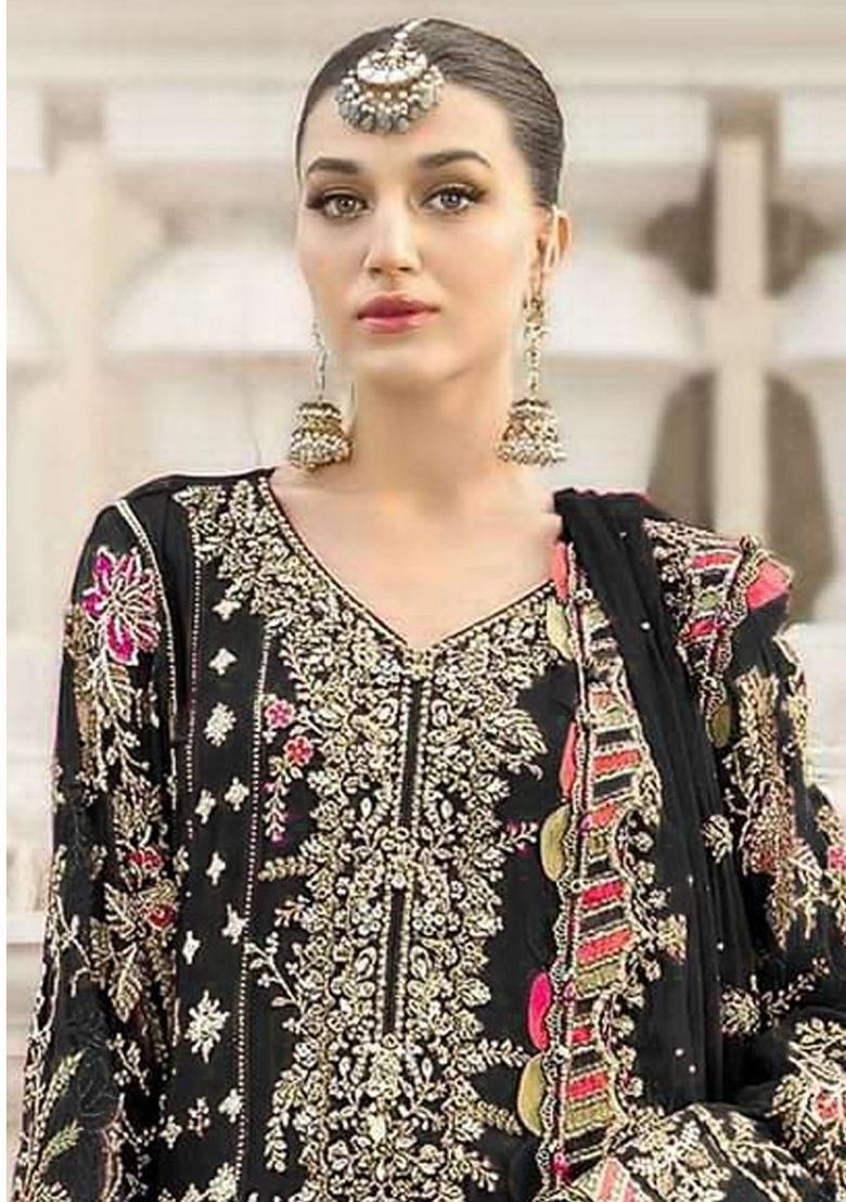 Black Embroidered Chiffon Kurta Set - Indya