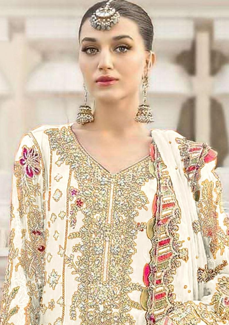 White Embroidered Chiffon Kurta Set - Indya