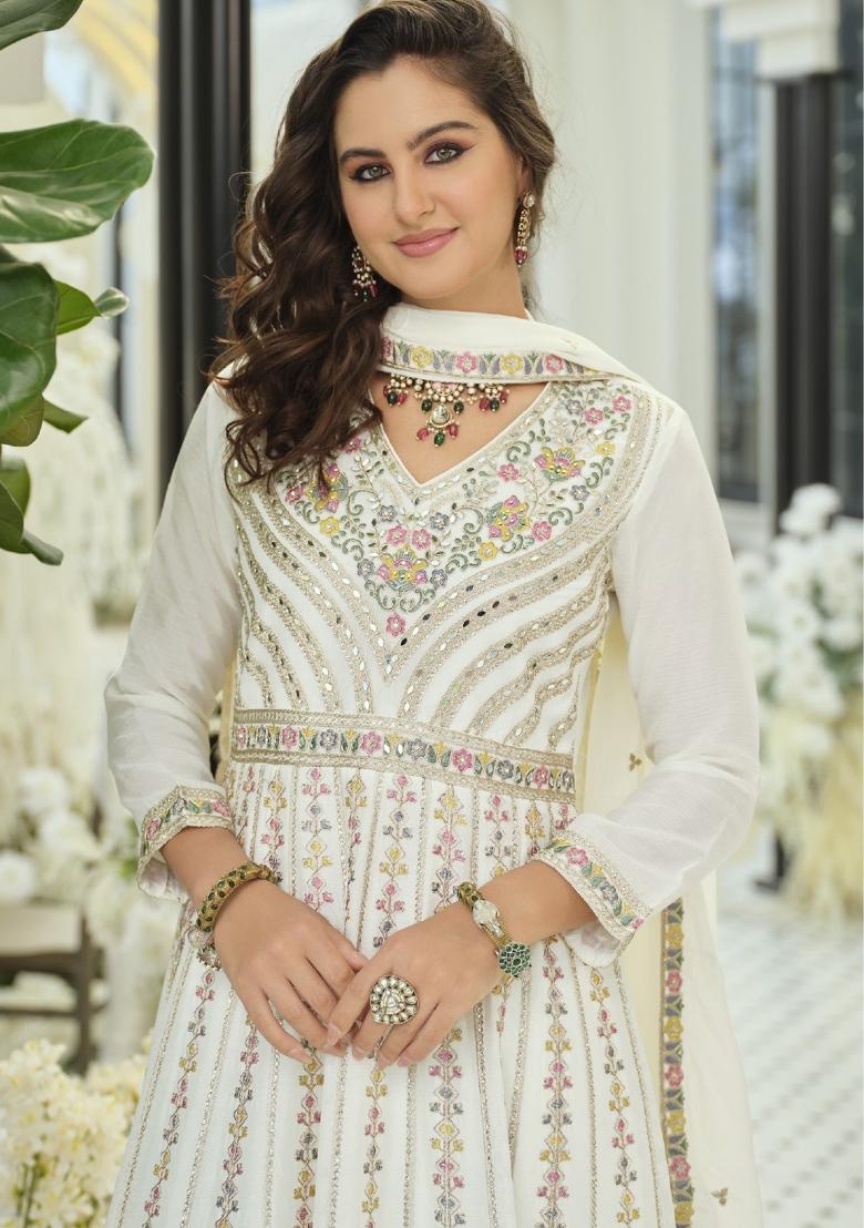 White Embroidered Chinon Kurta Set - Indya
