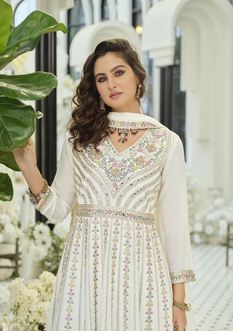 White Embroidered Chinon Kurta Set - Indya