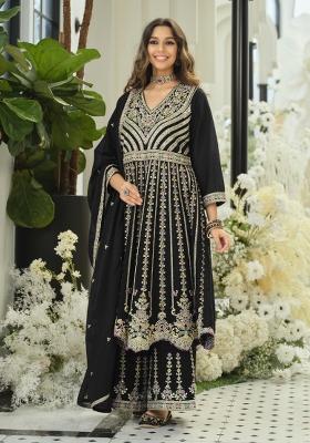 Black Embroidered Chinon Kurta Set