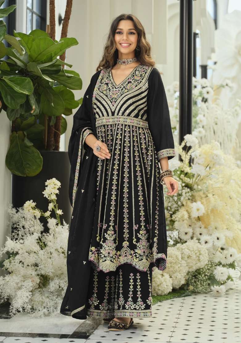 Black Embroidered Chinon Kurta Set - Indya