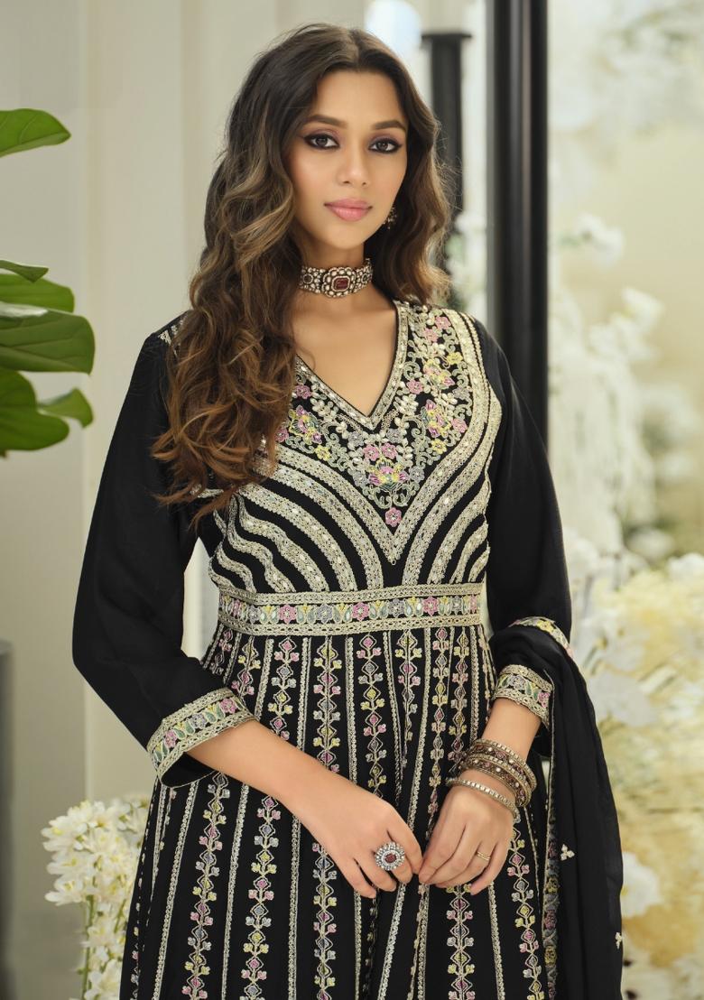 Black Embroidered Chinon Kurta Set - Indya