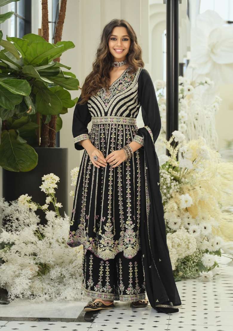 Black Embroidered Chinon Kurta Set - Indya