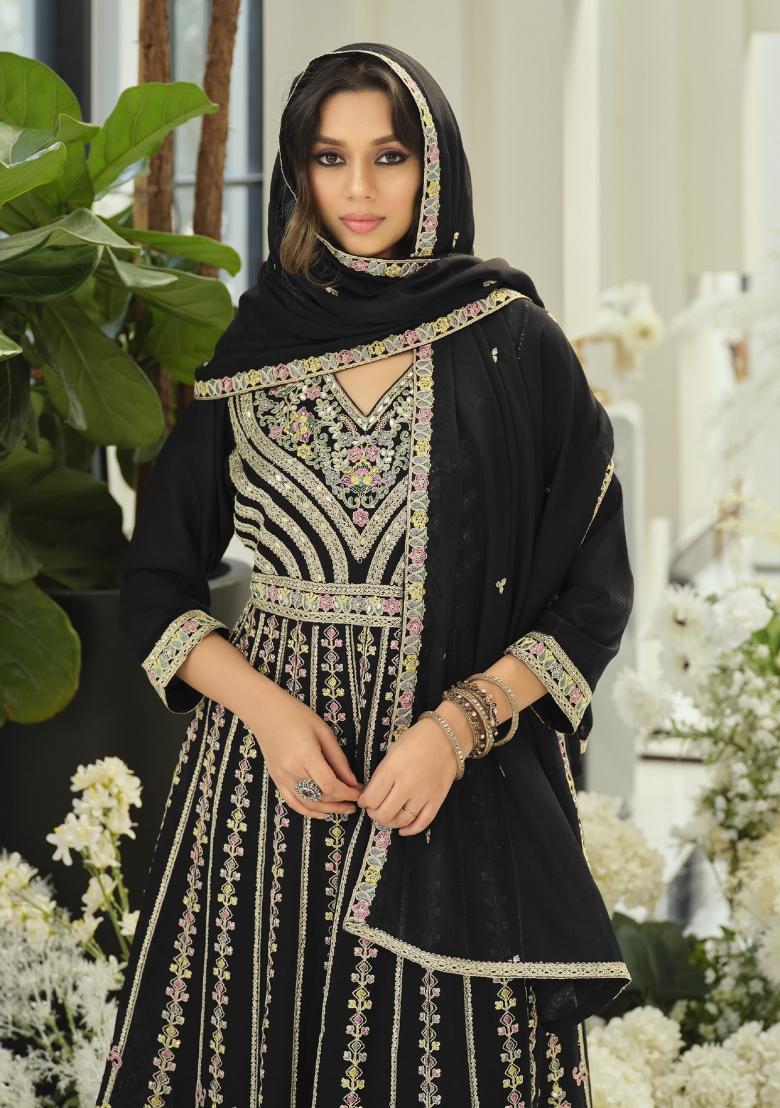 Black Embroidered Chinon Kurta Set - Indya