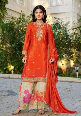 Orange Embroidered Chinon Kurta Set