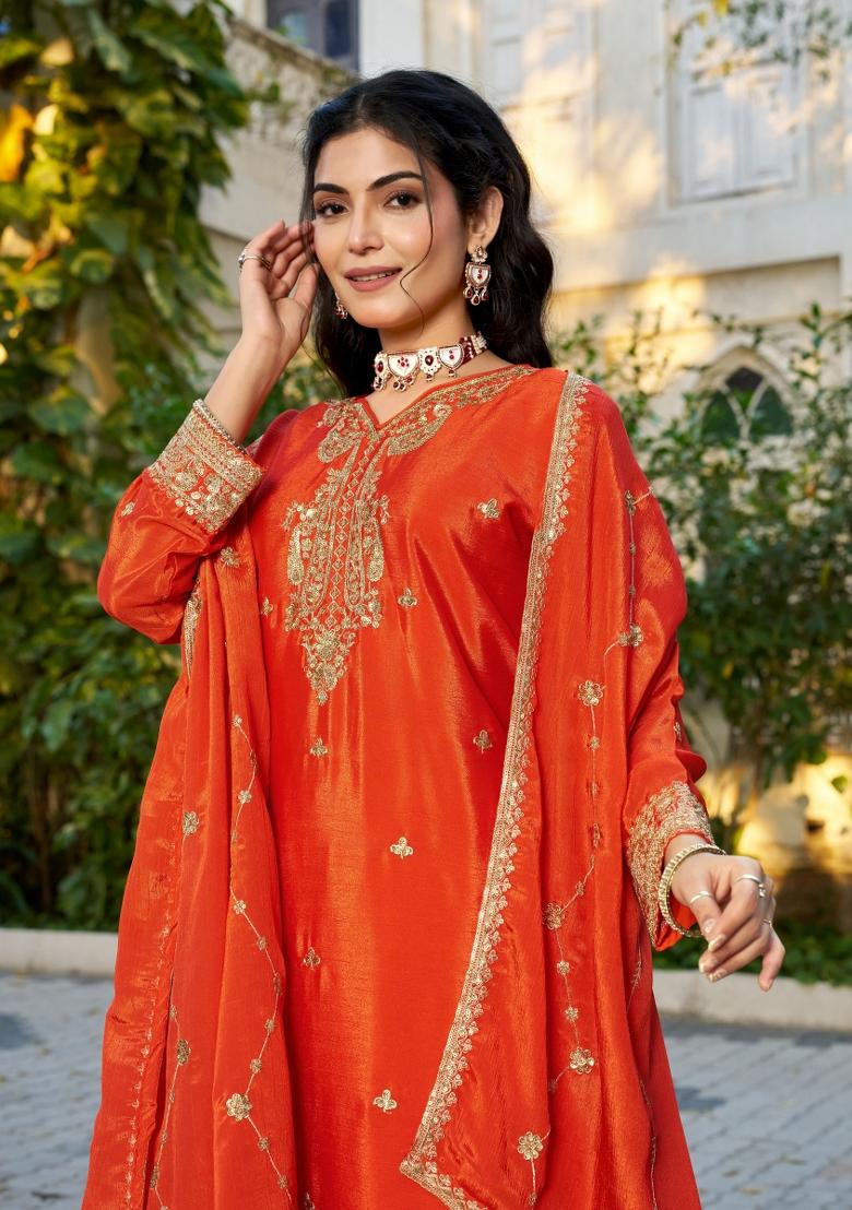 Orange Embroidered Chinon Kurta Set - Indya