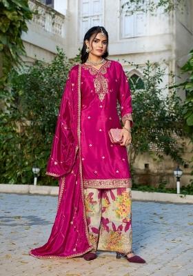 Pink Embroidered Chinon Kurta Set