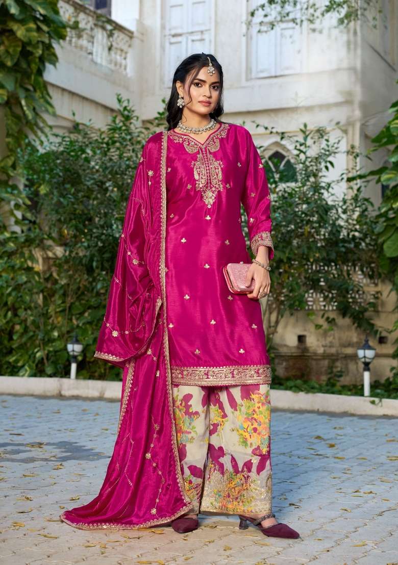 Pink Embroidered Chinon Kurta Set - Indya