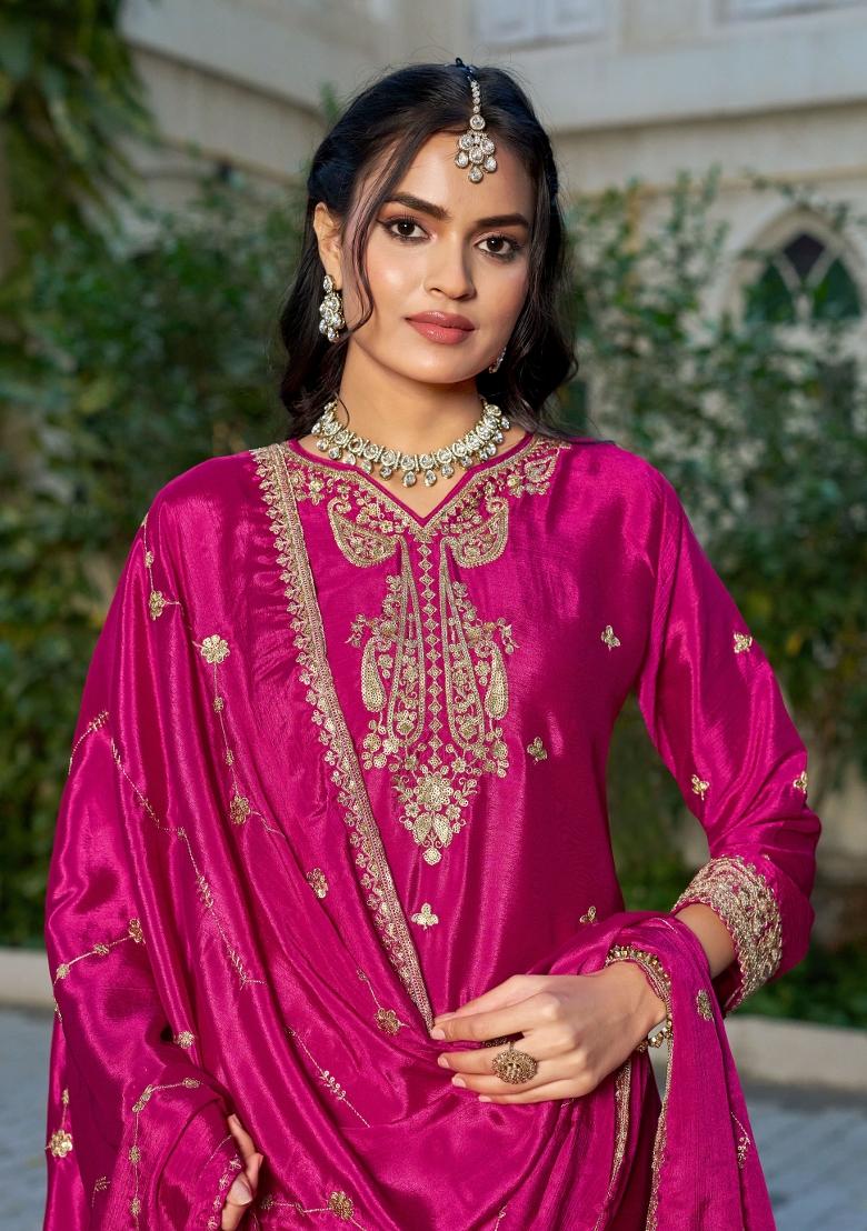 Pink Embroidered Chinon Kurta Set - Indya