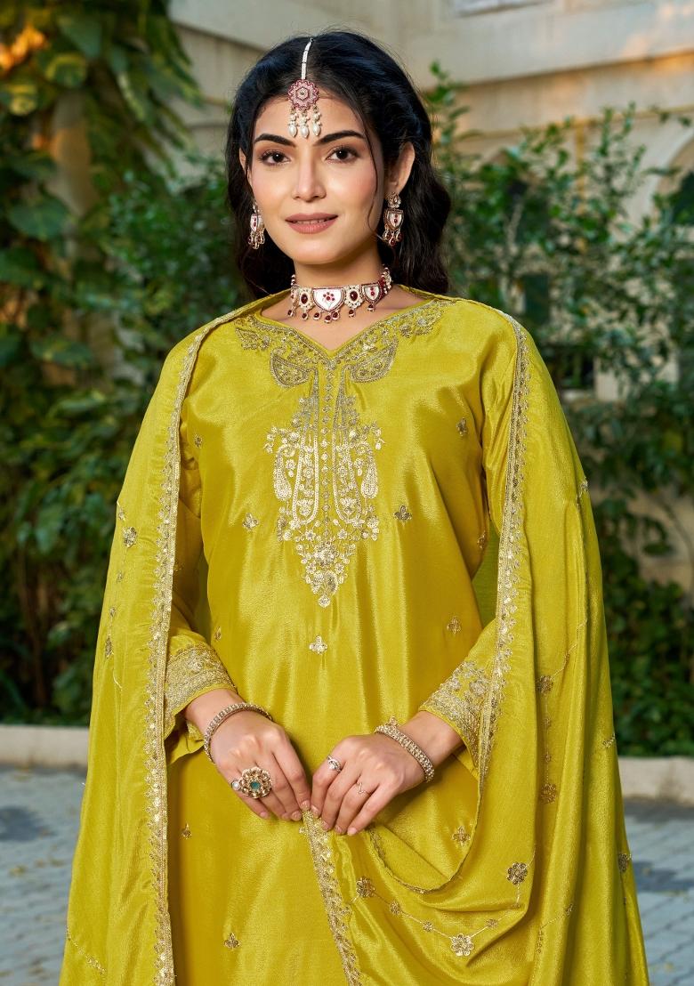 Yellow Embroidered Chinon Kurta Set - Indya