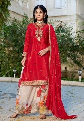 Red Embroidered Chinon Kurta Set