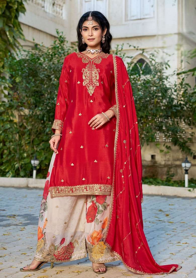 Red Embroidered Chinon Kurta Set - Indya
