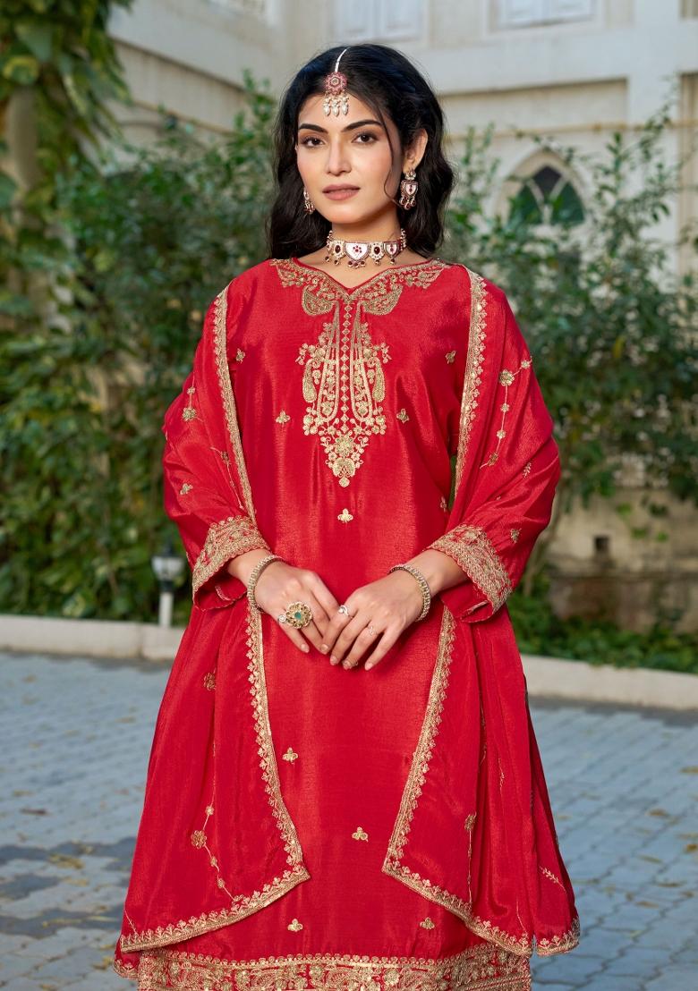 Red Embroidered Chinon Kurta Set - Indya