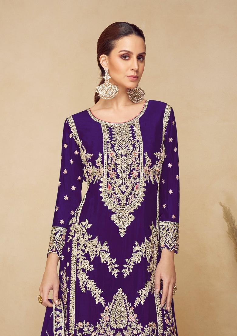 Purple Embroidered Chinon Kurta Set - Indya