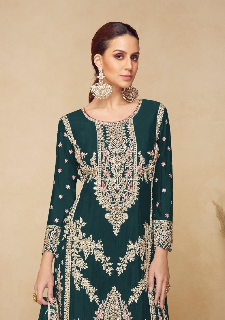 Green Embroidered Chinon Kurta Set - Indya