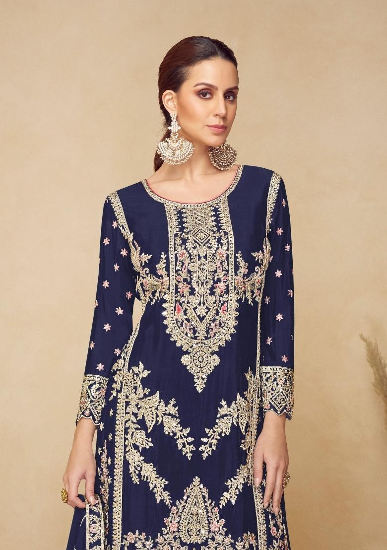 Navy Blue Embroidered Chinon Kurta Set - Indya