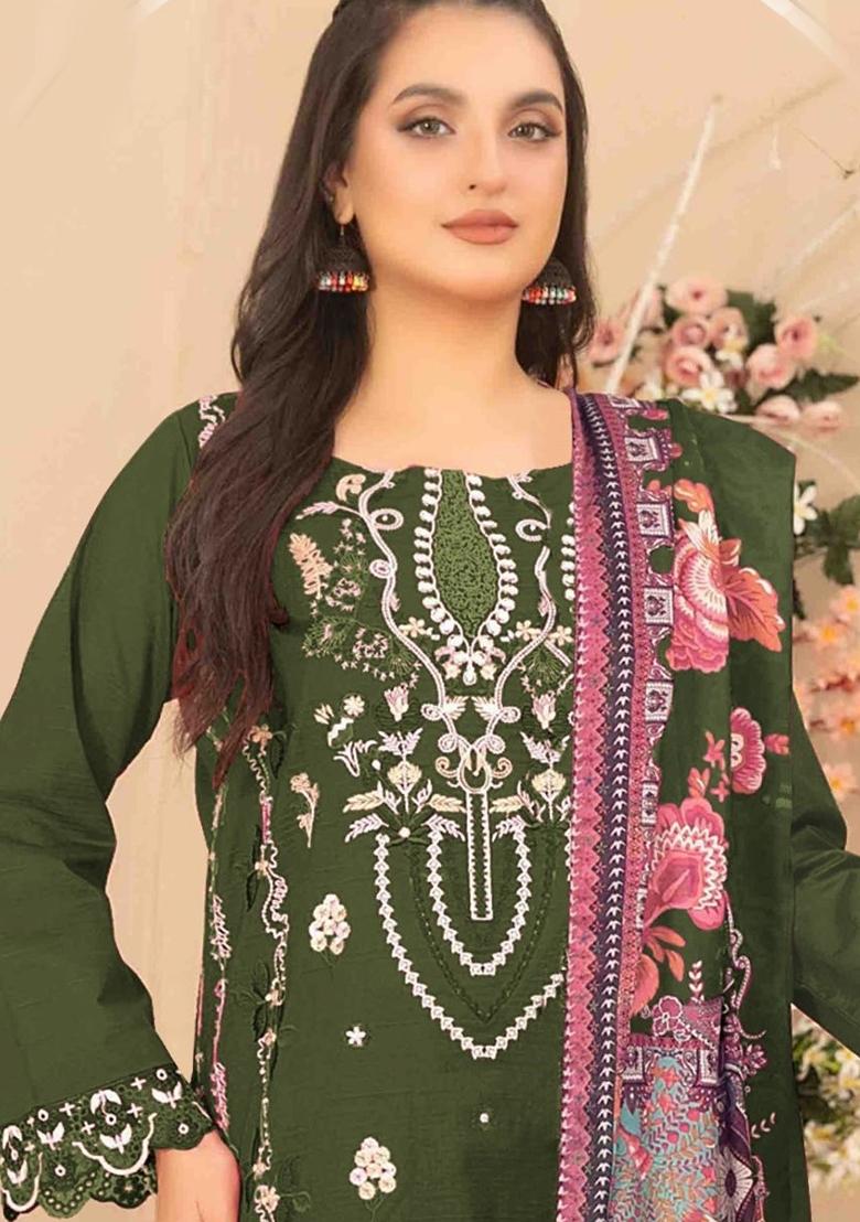 Green Embroidered Cotton Kurta Set - Indya