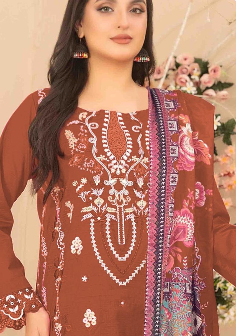Orange Embroidered Cotton Kurta Set - Indya
