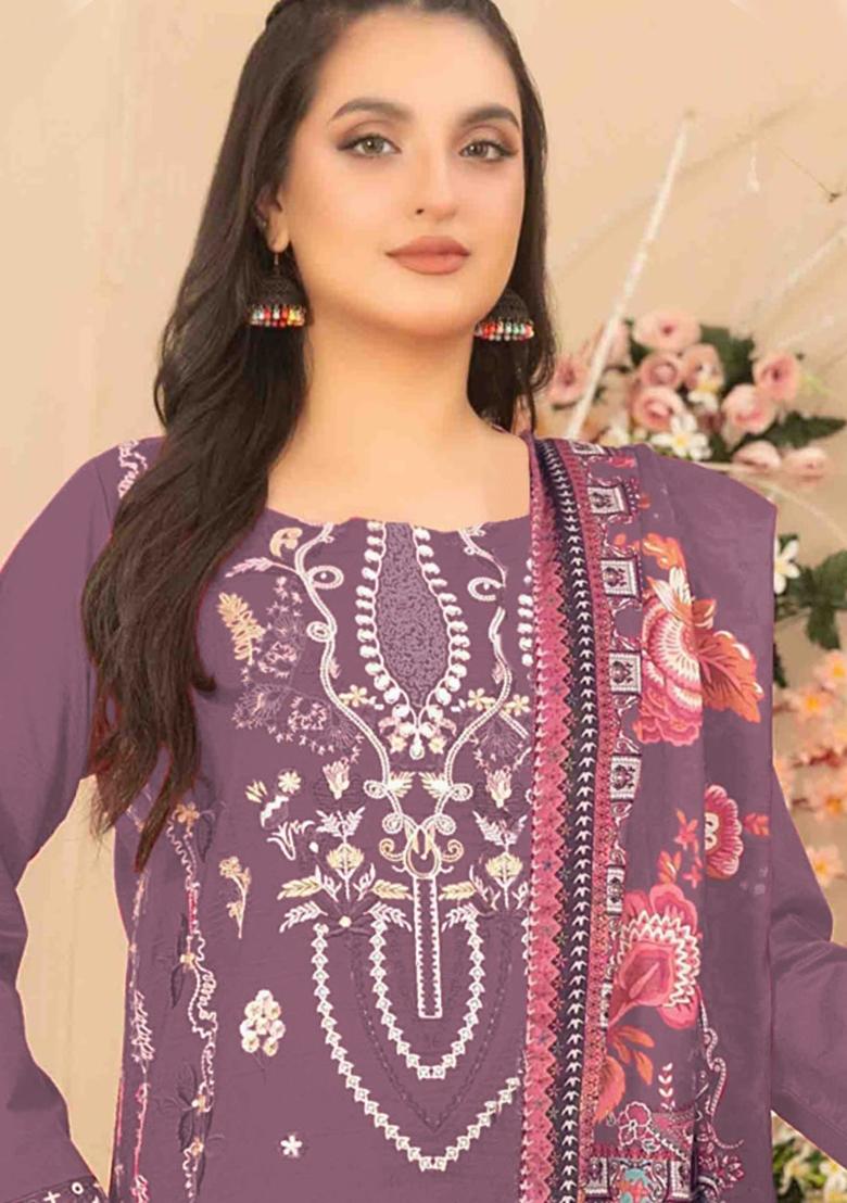 Mauve Embroidered Cotton Kurta Set - Indya