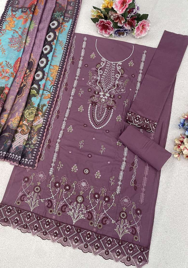 Mauve Embroidered Cotton Kurta Set - Indya