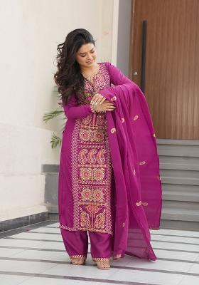 Magenta Embroidered Chinon Kurta Set