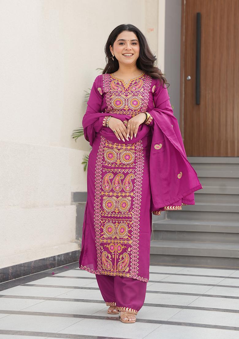 Magenta Embroidered Chinon Kurta Set - Indya