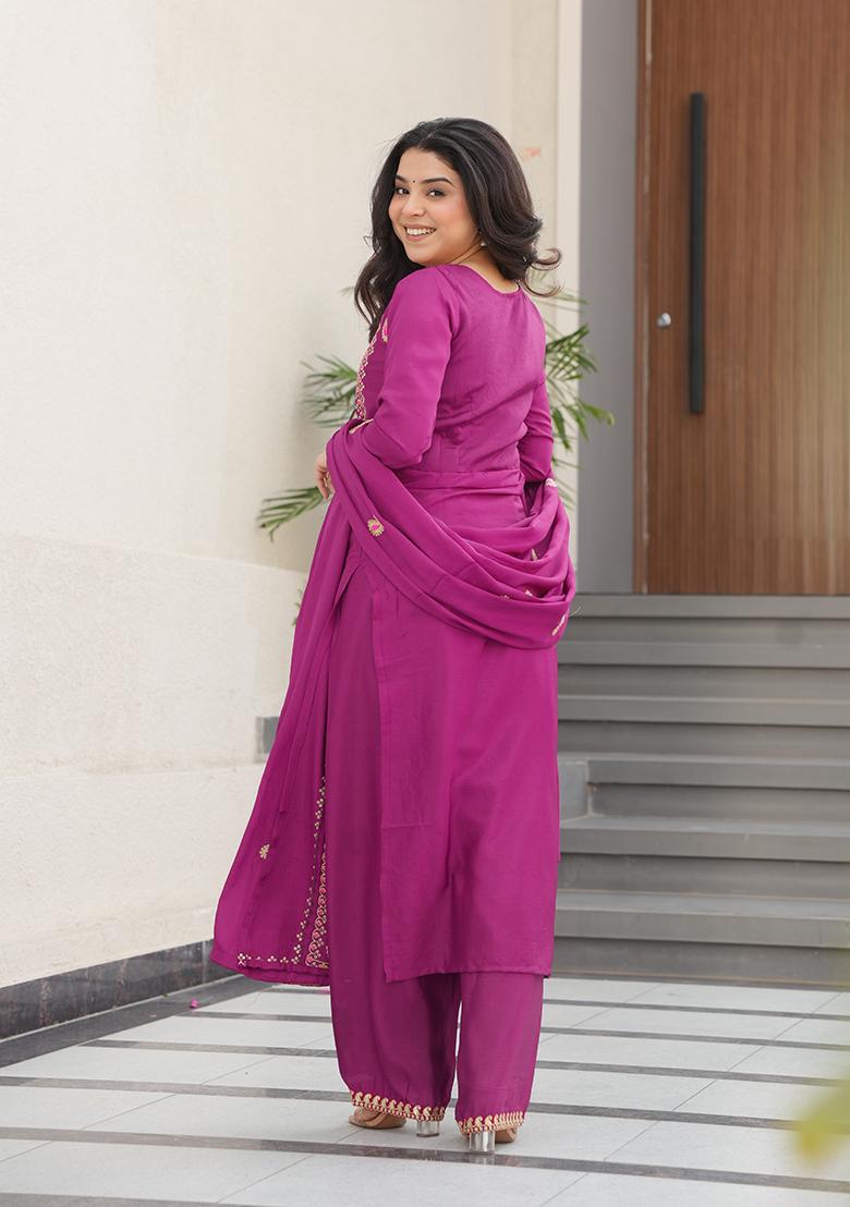 Magenta Embroidered Chinon Kurta Set - Indya