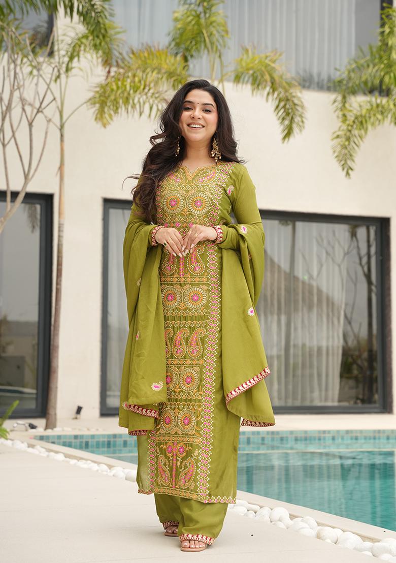 Parot Green Embroidered Chinon Kurta Set - Indya