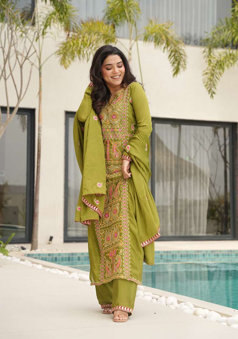 Parot Green Embroidered Chinon Kurta Set - Indya
