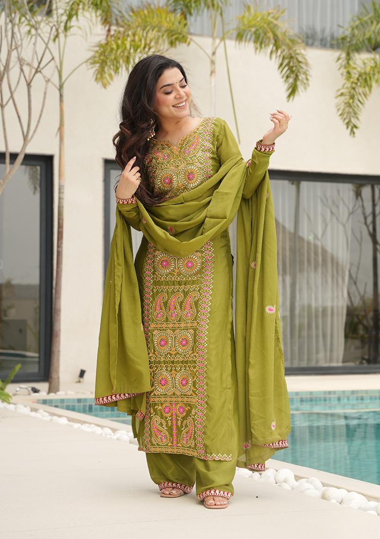Parot Green Embroidered Chinon Kurta Set - Indya