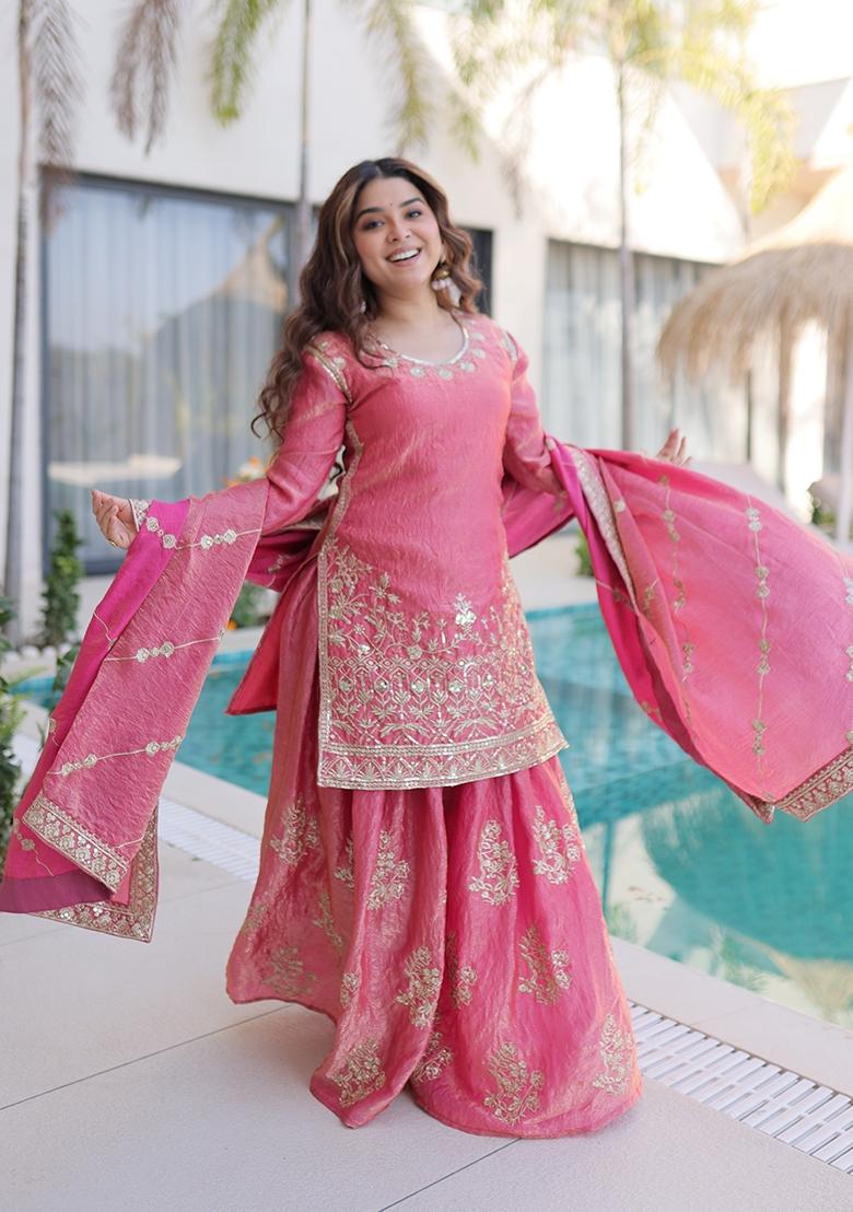 Pink Embroidered Fendy Kurta Set - Indya
