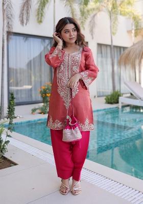 Maroon Embroidered Viscose Kurta Set