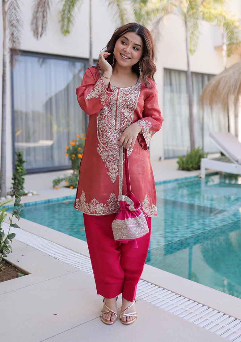 Maroon Embroidered Viscose Kurta Set - Indya