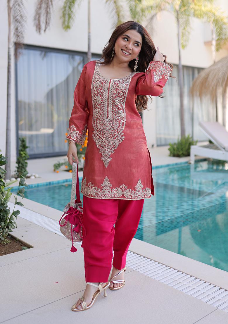 Maroon Embroidered Viscose Kurta Set - Indya