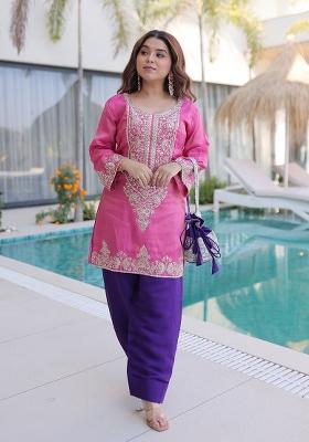 Pink Embroidered Viscose Kurta Set