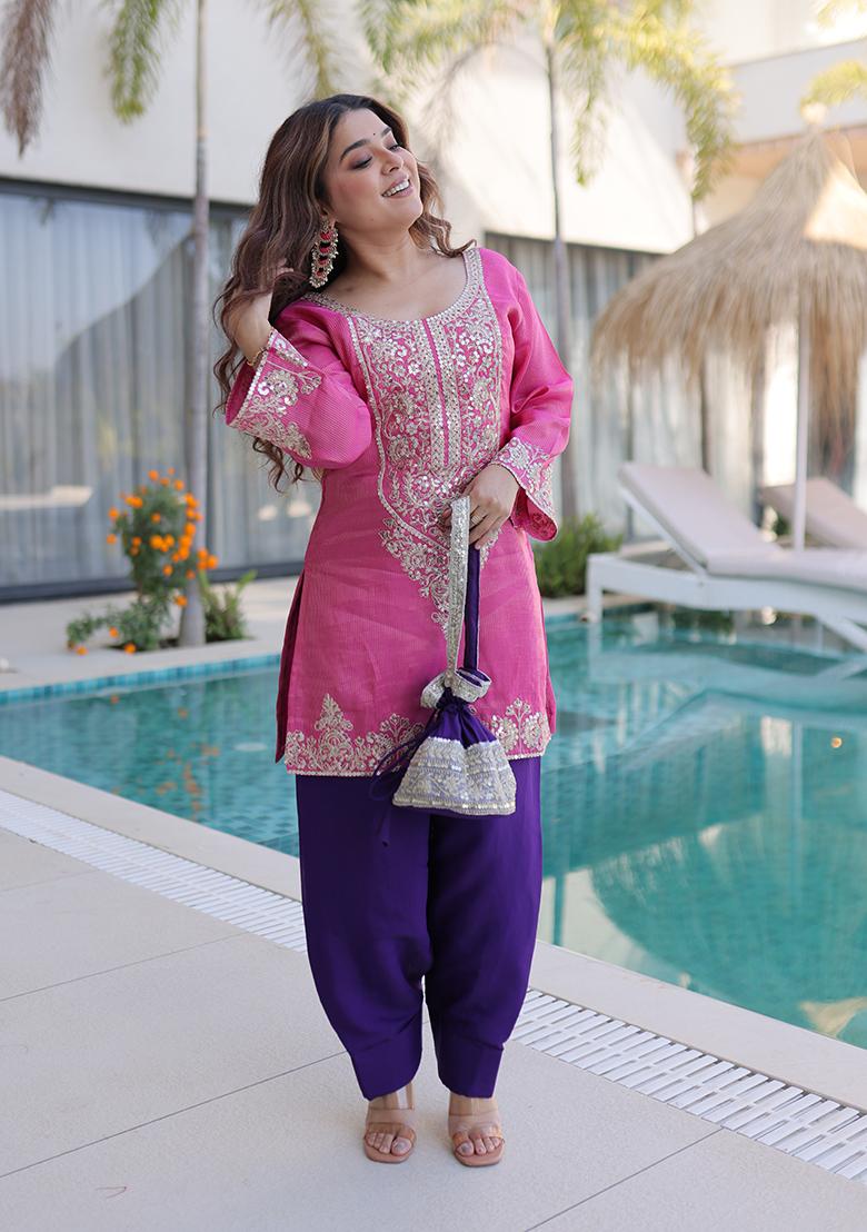 Pink Embroidered Viscose Kurta Set - Indya