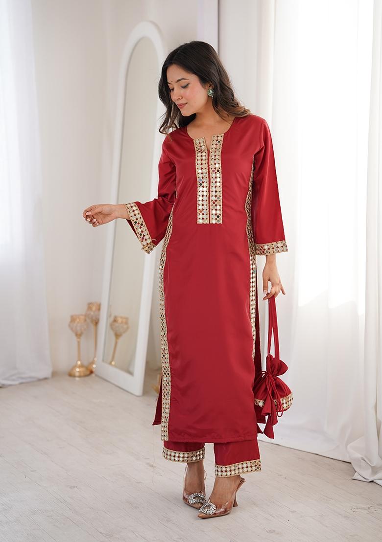 Maroon Mirror Work Crepe Kurta Set - Indya