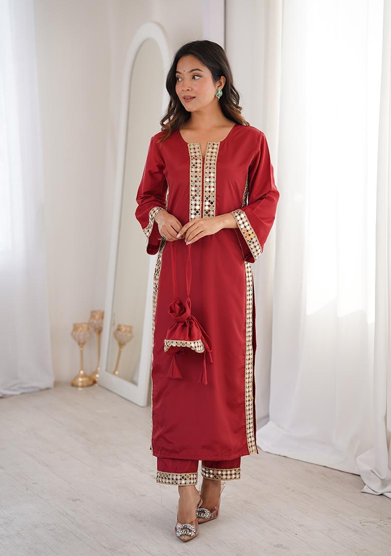 Maroon Mirror Work Crepe Kurta Set - Indya