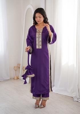 Purple Mirror Work Crepe Kurta Set
